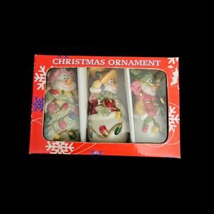 Vintage Snowman Christmas Ornament Set New In Box Ceramic Decor